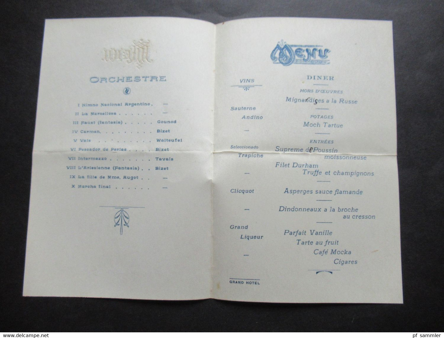 Frankreich / Argentinien Speisekarte Menu / Diner Offert A M. Le Ministre De France Mendoza 9.4.1916 Im Grand Hotel - Menükarten