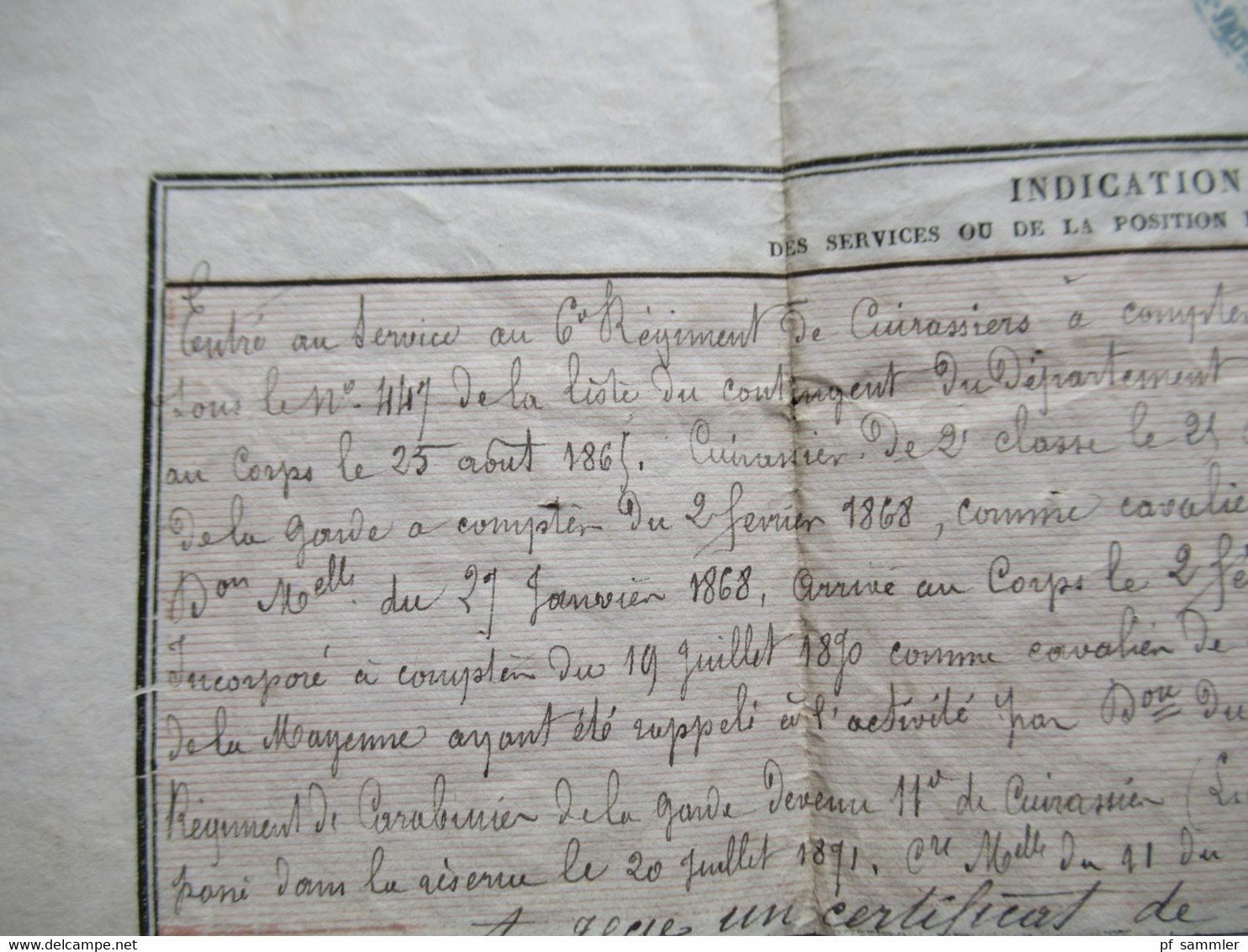 1.1.1872 Angers Deutsch Französicher Krieg Entlassungsschein 15e Division Militaire Curassier au 11e Regiment