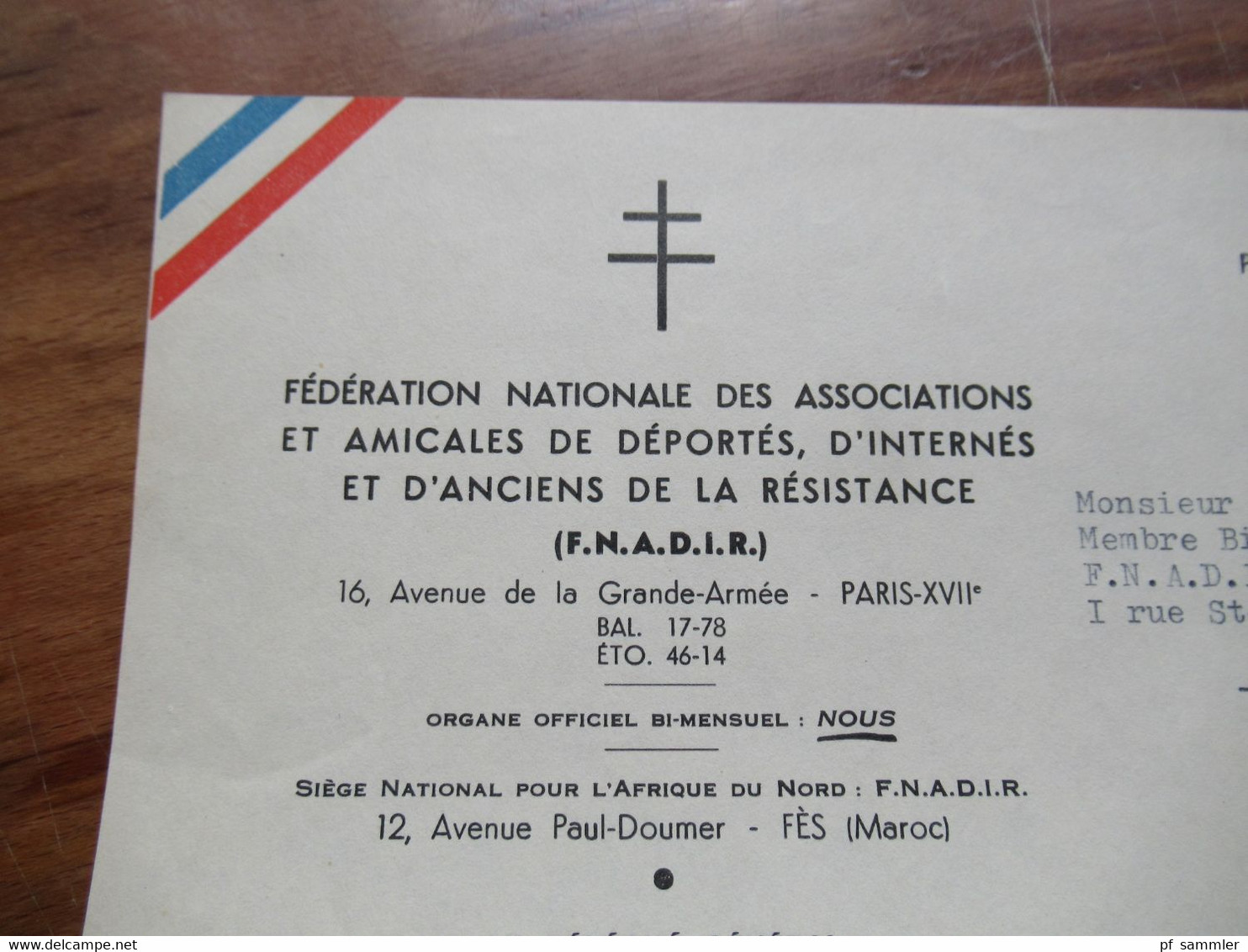 Federation nationale des associations et amicales de deportes d'internes et d'anciens de la Resistance F.N.A.D.I.R.