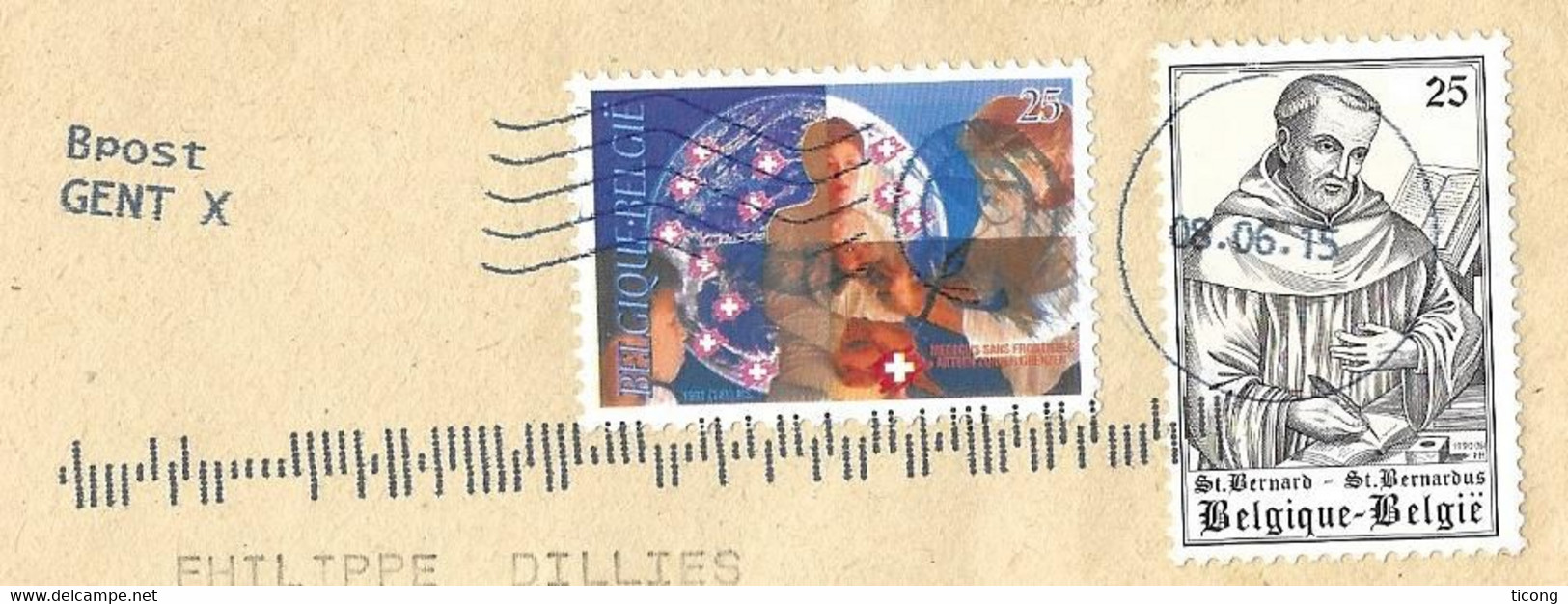 GENT BELGIQUE 2015, FLAMME ET OBLITERATION MECANIQUE A VOIR , TIMBRES MEDECINS SANS FRONTIERES, SAINT BERNARD, A VOIR - Lettres & Documents