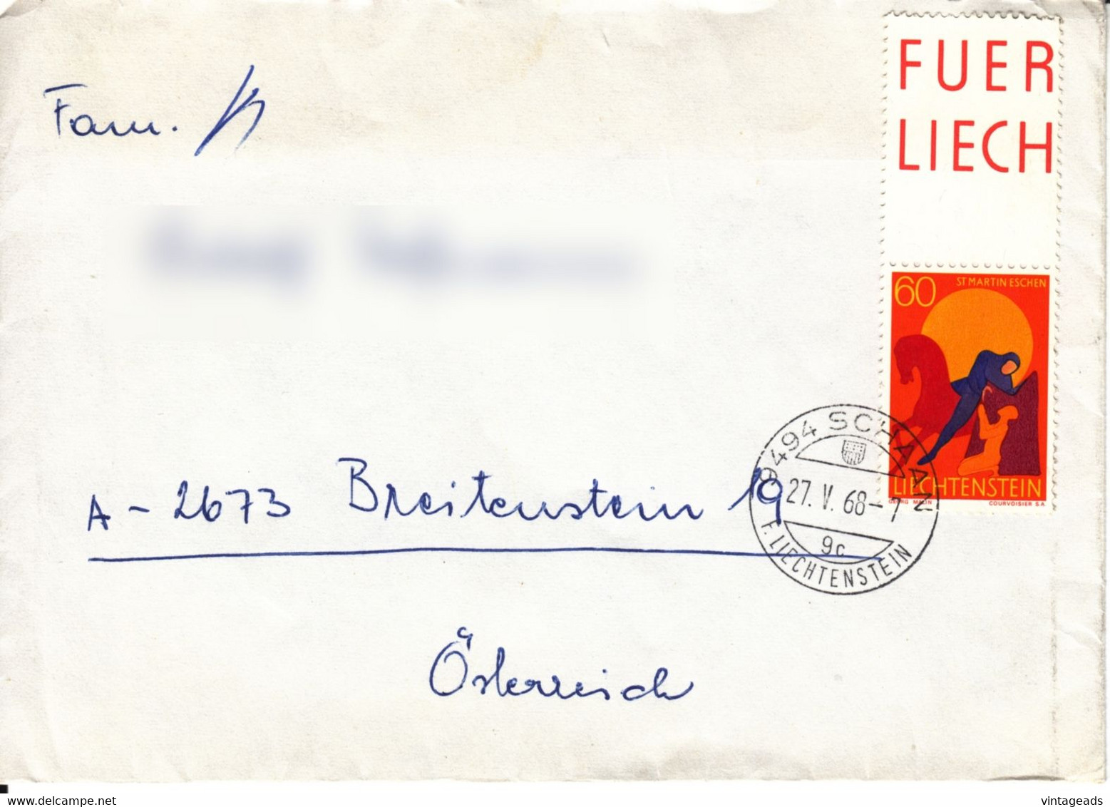 BM893 Liechtenstein Briefkuvert Frankiert Mit Randstück, 9494 Schaan, Gelaufen 1968 - Storia Postale