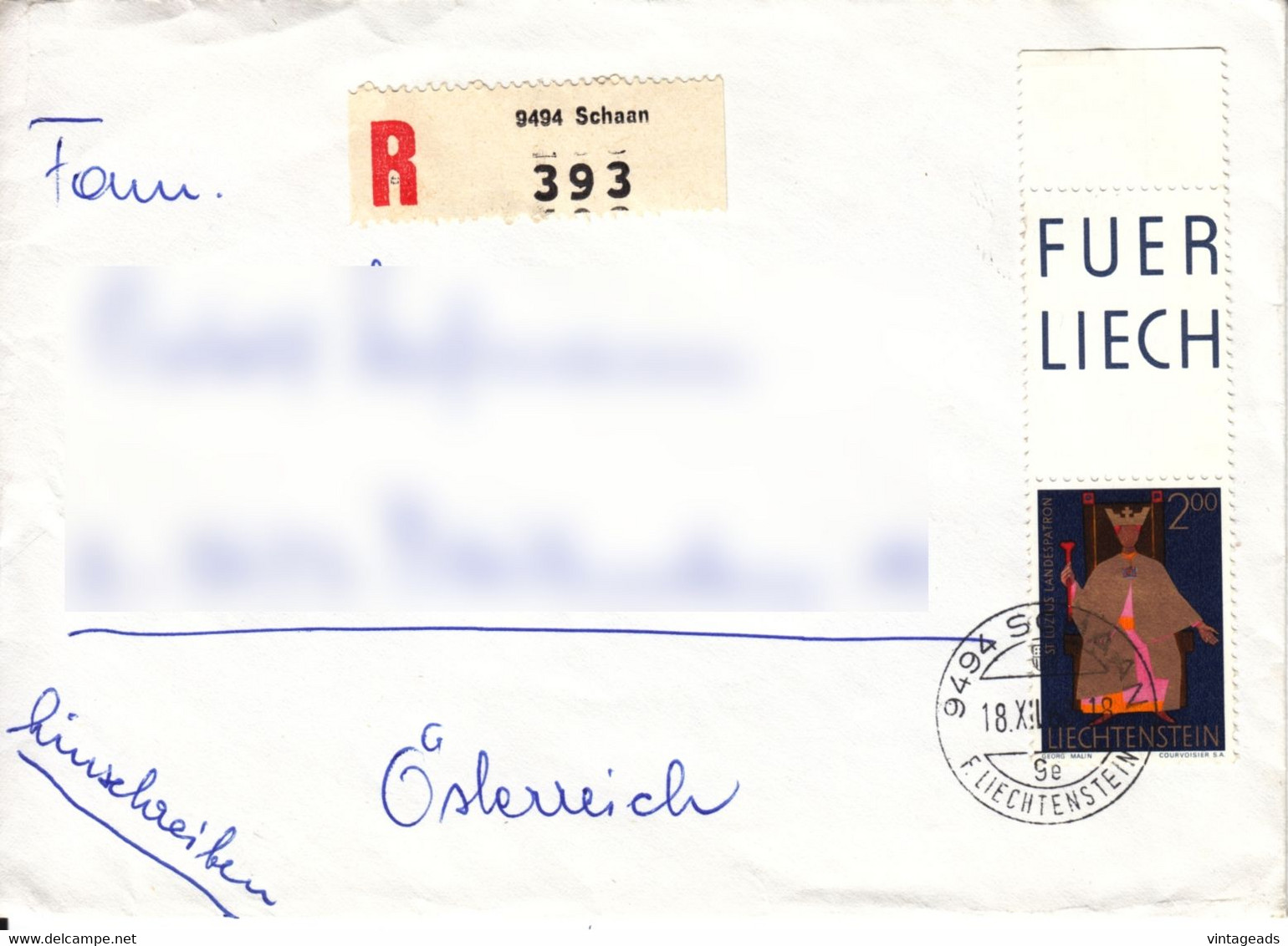 BM899 Liechtenstein Briefkuvert Frankiert Mit Randstück, Reco 9494 Schaan 393, Gelaufen 1968 - Briefe U. Dokumente