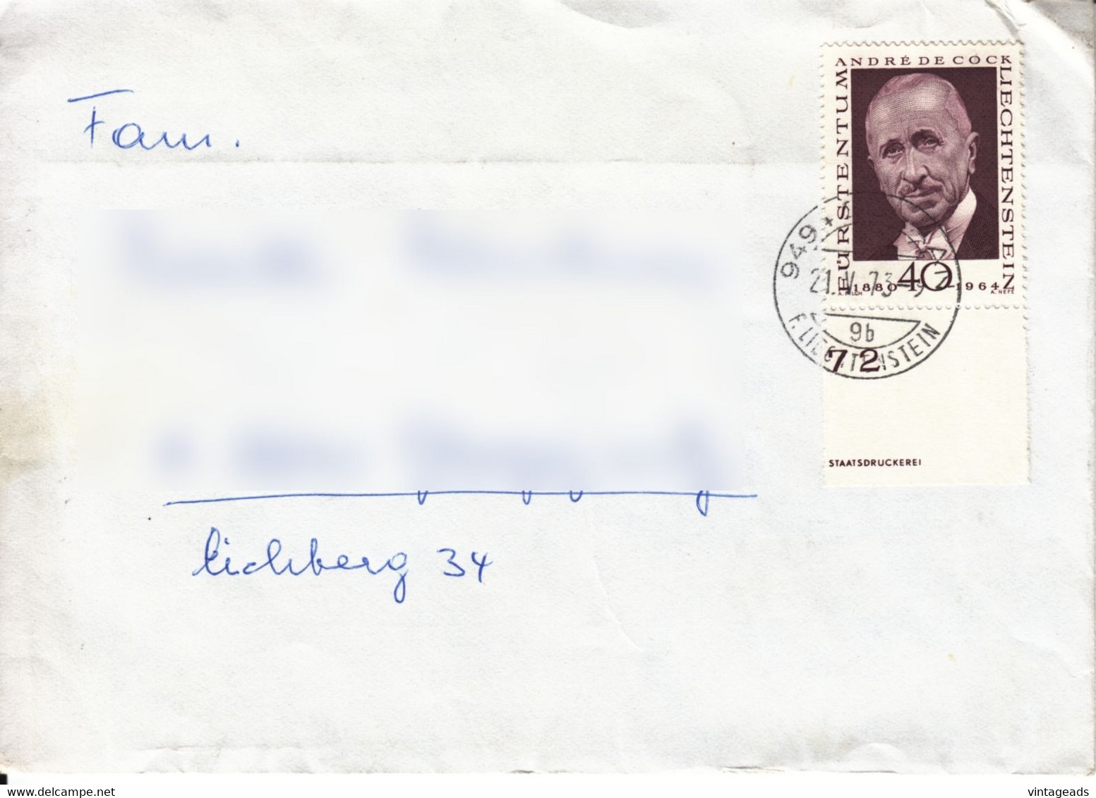 BM901 Liechtenstein Briefkuvert Frankiert Mit Randstück André De Cock, Gelaufen 1973 - Briefe U. Dokumente