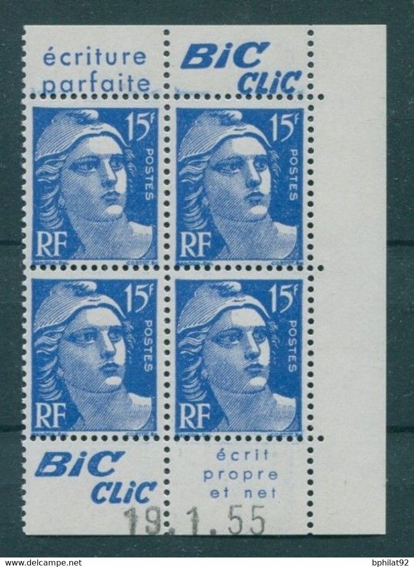 !!! 15 F MARIANNE DE GANDON BLOC DE 4 AVEC PUBS BIC CLIC ET COIN DATE NEUF ** - 1950-1959