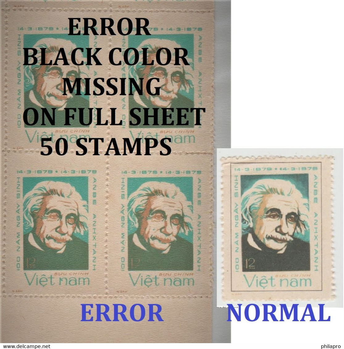 VIETNAM 1979  ERROR BLACK COLOR MISSING /  FULL SHEET OF 50 STAMPS - ALBERT EINSTEIN  **MNH  Rare   Réf GF - Albert Einstein