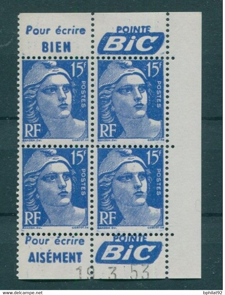 !!! 15 F MARIANNE DE GANDON BLOC DE 4 AVEC PUBS POINTE BIC ET COIN DATE NEUF ** - 1950-1959