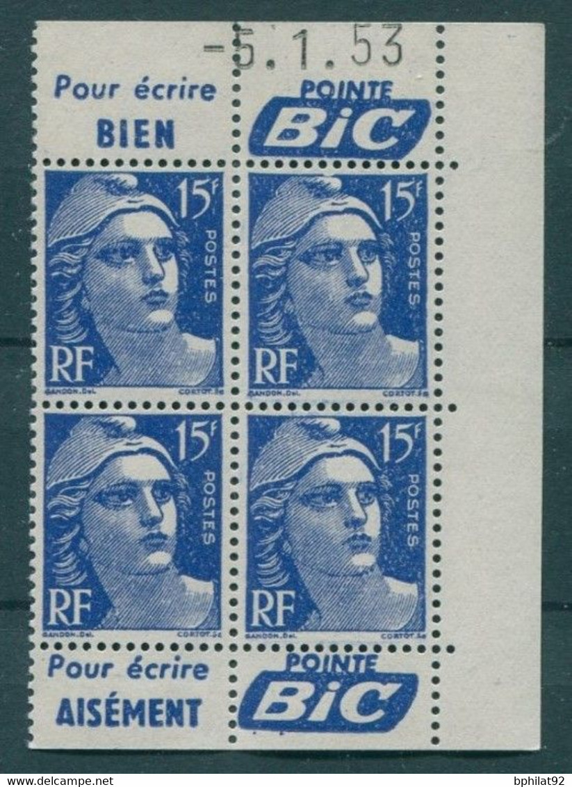 !!! 15 F MARIANNE DE GANDON BLOC DE 4 AVEC PUBS POINTE BIC ET COIN DATE NEUF ** - 1950-1959