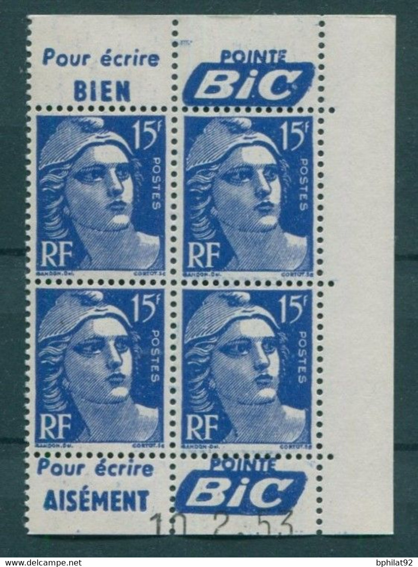 !!! 15 F MARIANNE DE GANDON BLOC DE 4 AVEC PUBS POINTE BIC ET COIN DATE NEUF ** - 1950-1959