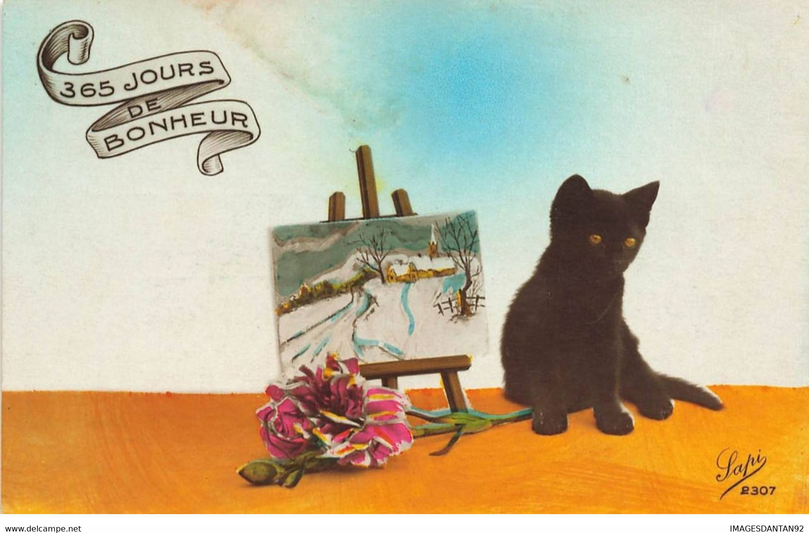 CHATS #MK40078 365 JOURS DE BONHEUR UN CHAT NOIR ET TABLEAU PEINTURE FLEURS - Cats