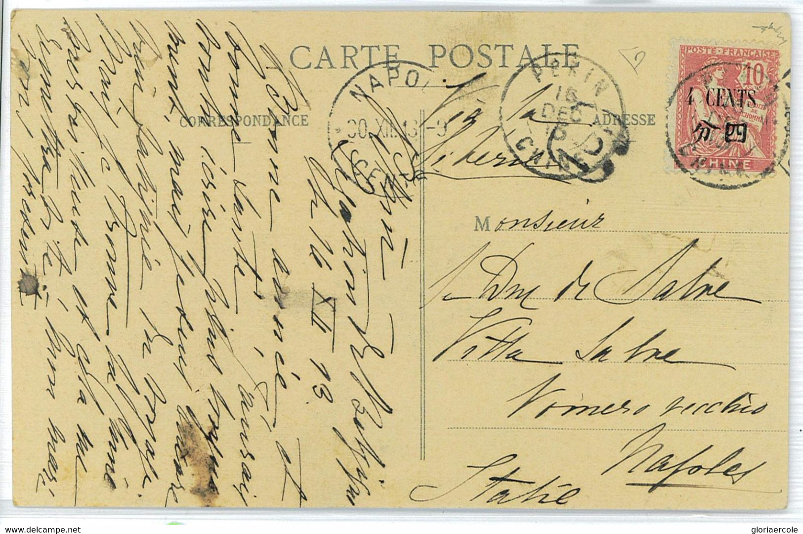 P0262 -  FRANCE Postoffice In CHINA - Postal HISTORY: POSTCARD To ITALY  1913 - Lettres & Documents