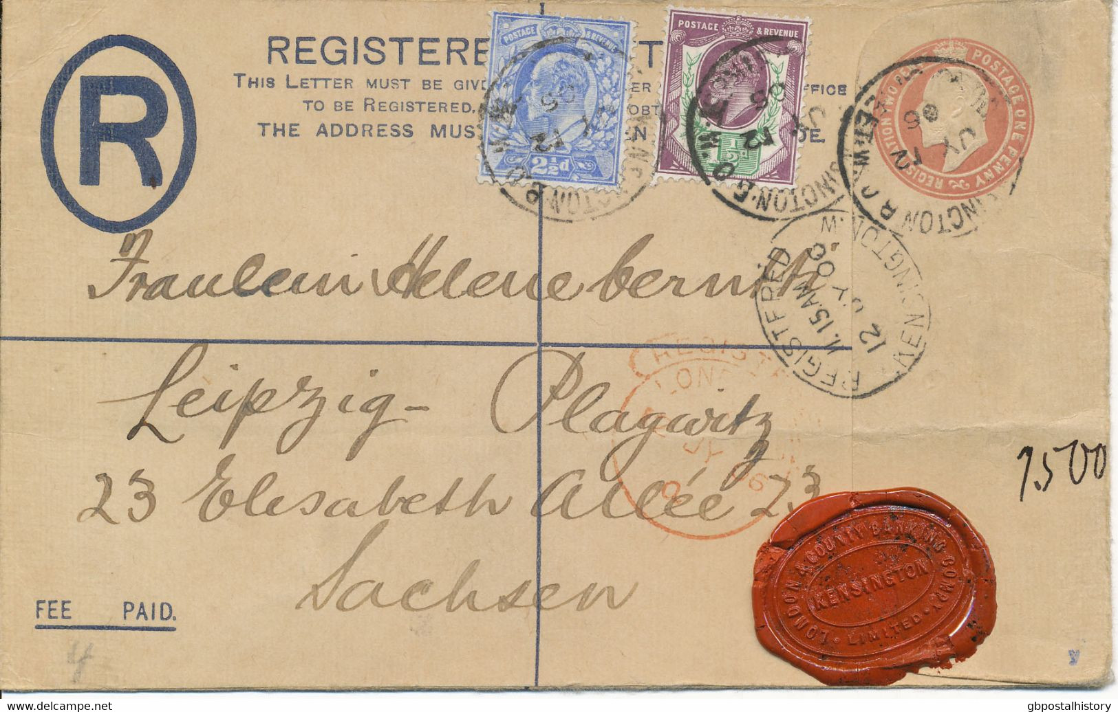GB 1906 Edward VII Superb Postal Stationery Registered Envelope With 1 1/2d And 2 1/2d As Additional Franking To Leipzig - Cartas & Documentos