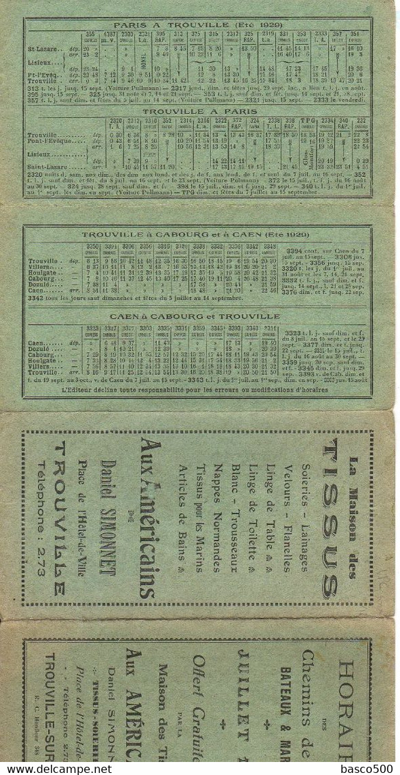 1929 TROUVILLE Sur MER HORAIRE Dépliant Chemins De Fer Bateaux & Marées Tourisme - Europe