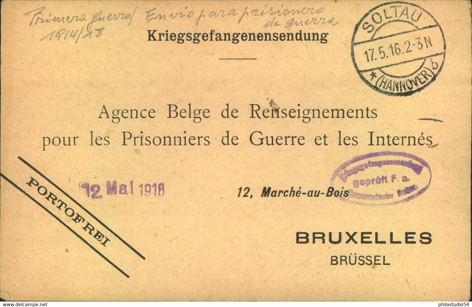 1916, Seltenere Kriegsgefangenenkarte Ab SOKTAU Nach Brüssel - Prigionieri
