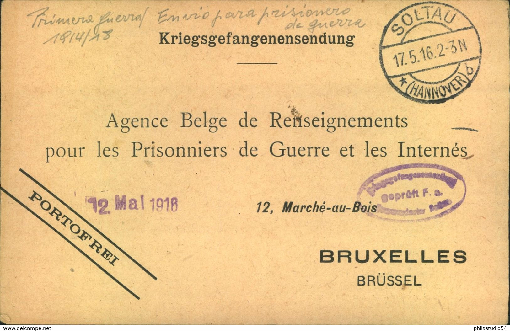 1916, Seltenere Kriegsgefangenenkarte Ab SOKTAU Nach Brüssel - Kriegsgefangenschaft