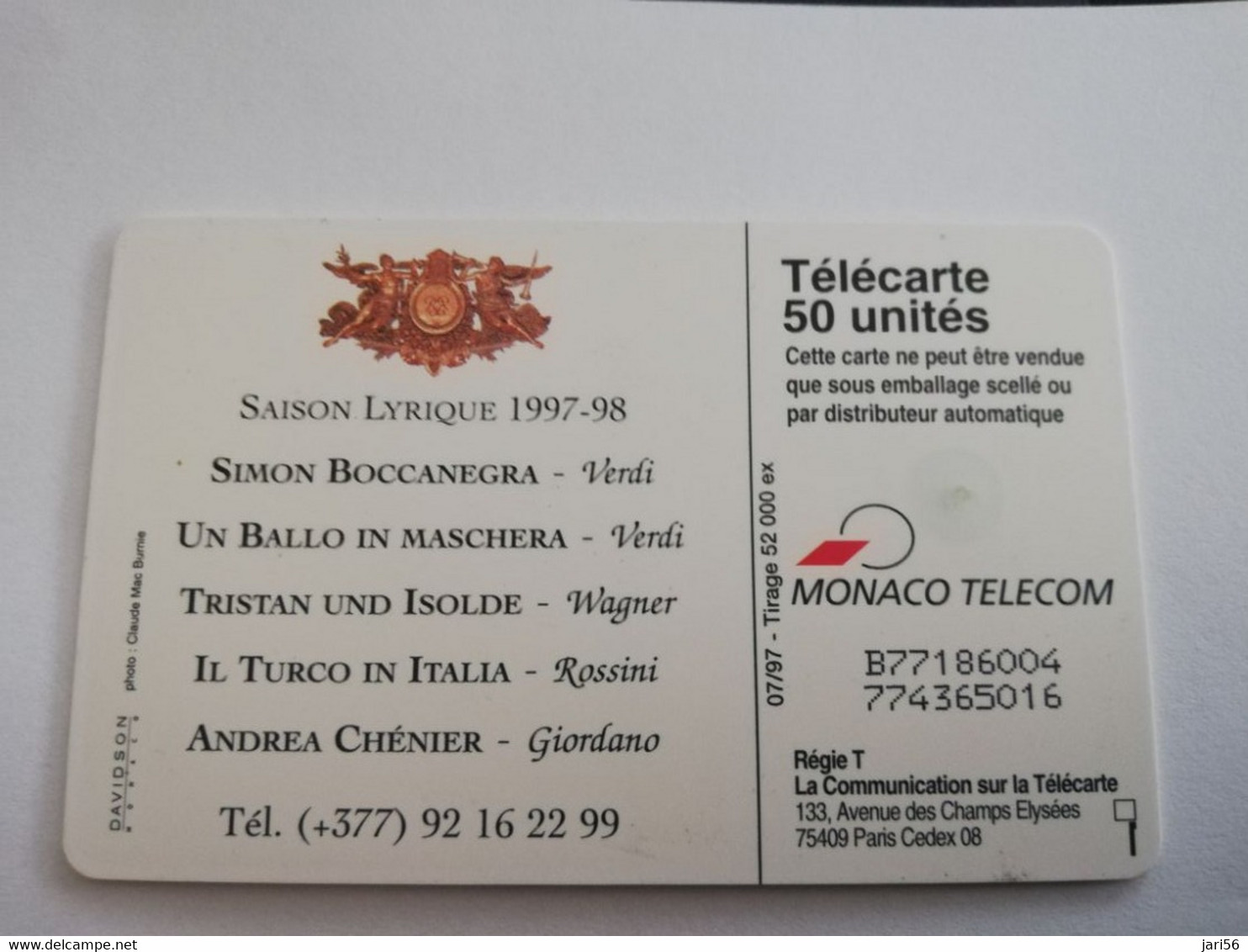 MONACO CHIPCARD  50 UNITS OPERA DE MONTE-CARLO / TIRAGE 52.000    Fine Used Card   ** 10079 ** - Monace