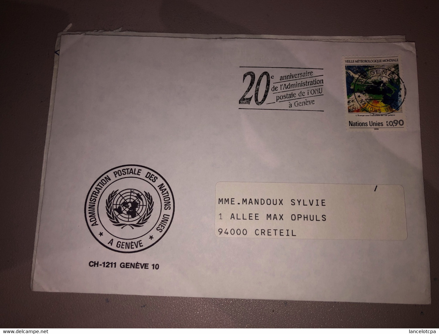 LETTRE NATIONS UNIES à GENEVE / TAMPON 20è ANNIVERSAIRE DE L4ADMINISTRATION POSTALE DE L'ONU à GENEVE - Cartas & Documentos