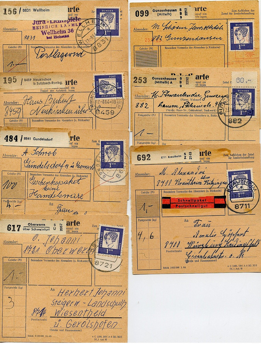 BUND 1964, 7 PAKETKARTEN MIT Nr. 361, DABEI OBERRAND, 2  UNTERRAND, GUTE STEMPEL - Covers & Documents