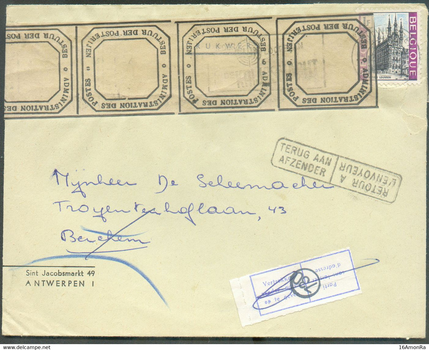 1F Cathédrale De Louvain Obl. Dc ANTWERPEN Sur Lettre 57-10-69 Vers Berchem, Endommagée Au Tri (Bande De L'Administratio - Unfallpost