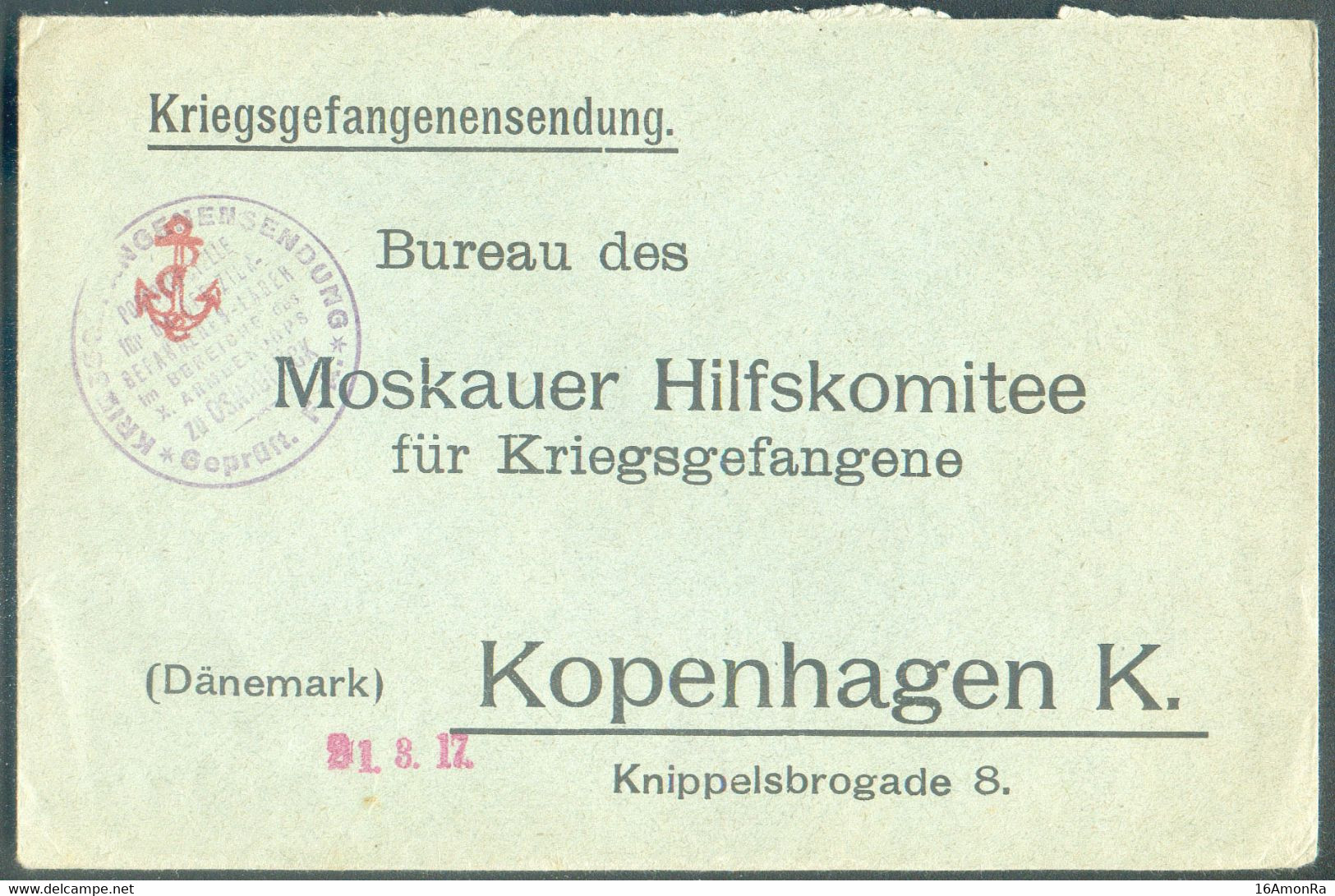 Kriegsgefangenensendung Cover Bureau Des Moskauer Hilfskomitee Für Kreigsgefangene I N Kopenhague + Purple Hs Kriesgefan - Machines à Affranchir (EMA)