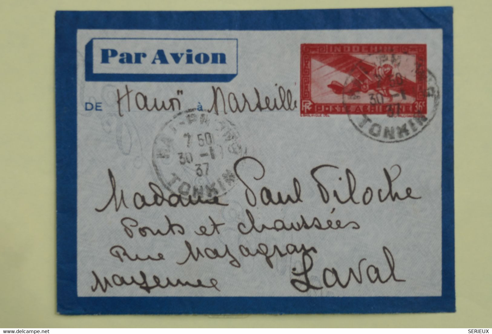 AM18 INDOCHINE BELLE LETTRE 1937 HAI PHONG   POUR  LAVAL   FRANCE VIA MARSEILLE  +AEROPHILATELIE +AFFRANCH.  INTERESSANT - Brieven En Documenten