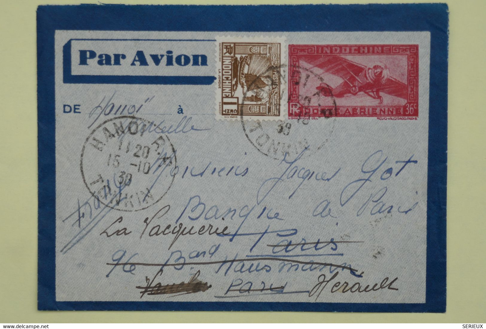 AM18 INDOCHINE BELLE LETTRE 1937 HANOI    POUR PARIS   FRANCE REDISTRIBUEE  +AEROPHILATELIE +AFFRANCH.  PLAISANT - Poste Aérienne