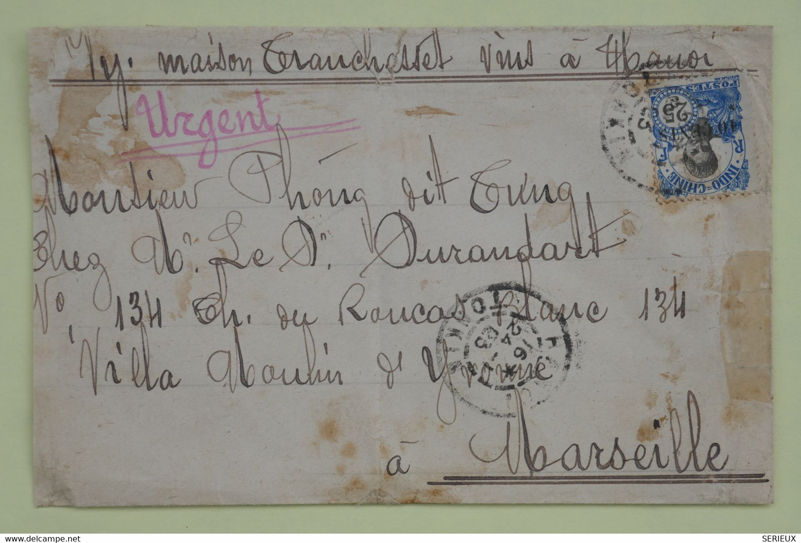 AM18 INDOCHINE BELLE LETTRE PRIVEE 1923 HANOI  POUR  MARSEILLE  FRANCE  +AFFRANCH.  INTERESSANT - Lettres & Documents