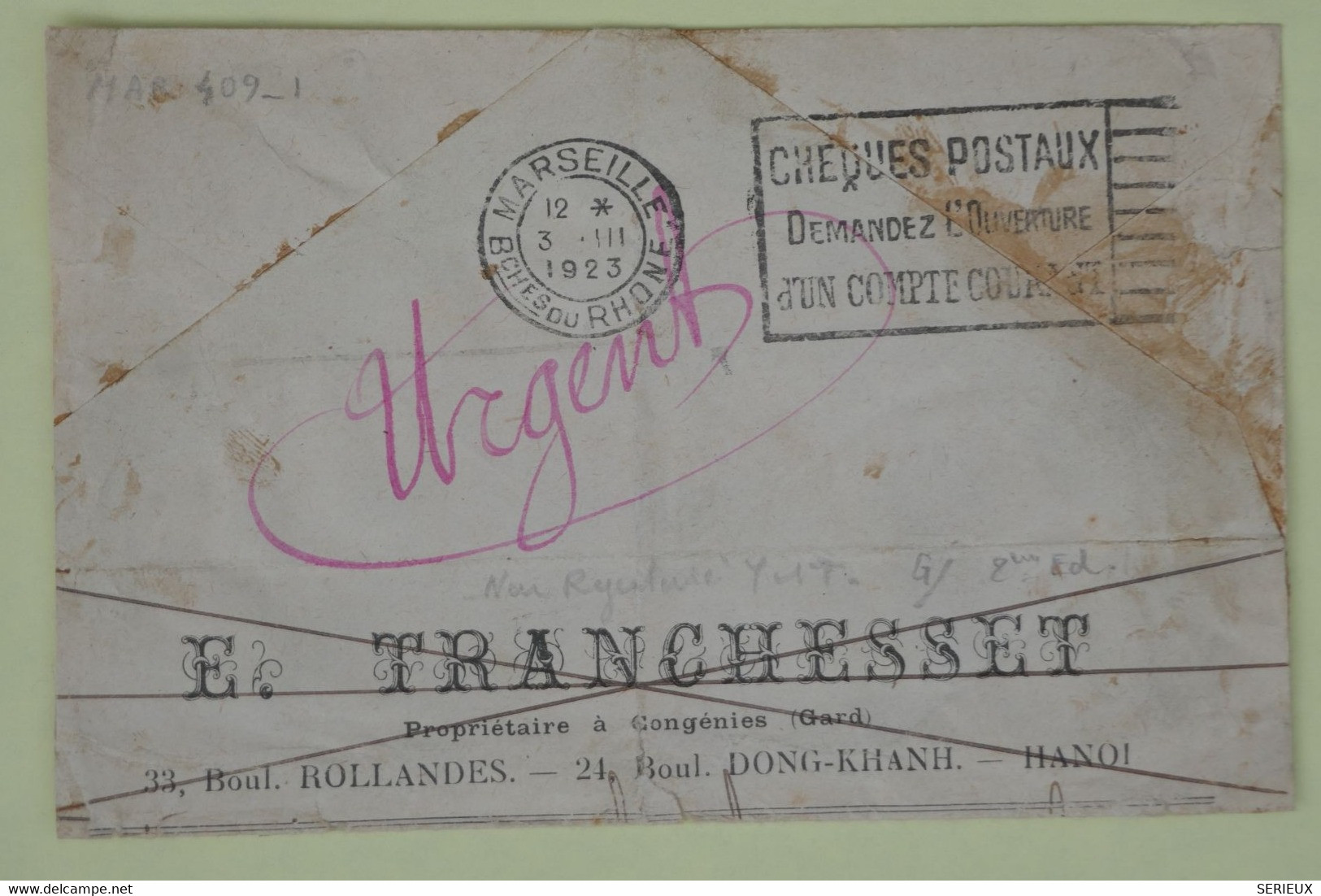 AM18 INDOCHINE BELLE LETTRE PRIVEE 1923 HANOI  POUR  MARSEILLE  FRANCE  +AFFRANCH.  INTERESSANT - Brieven En Documenten