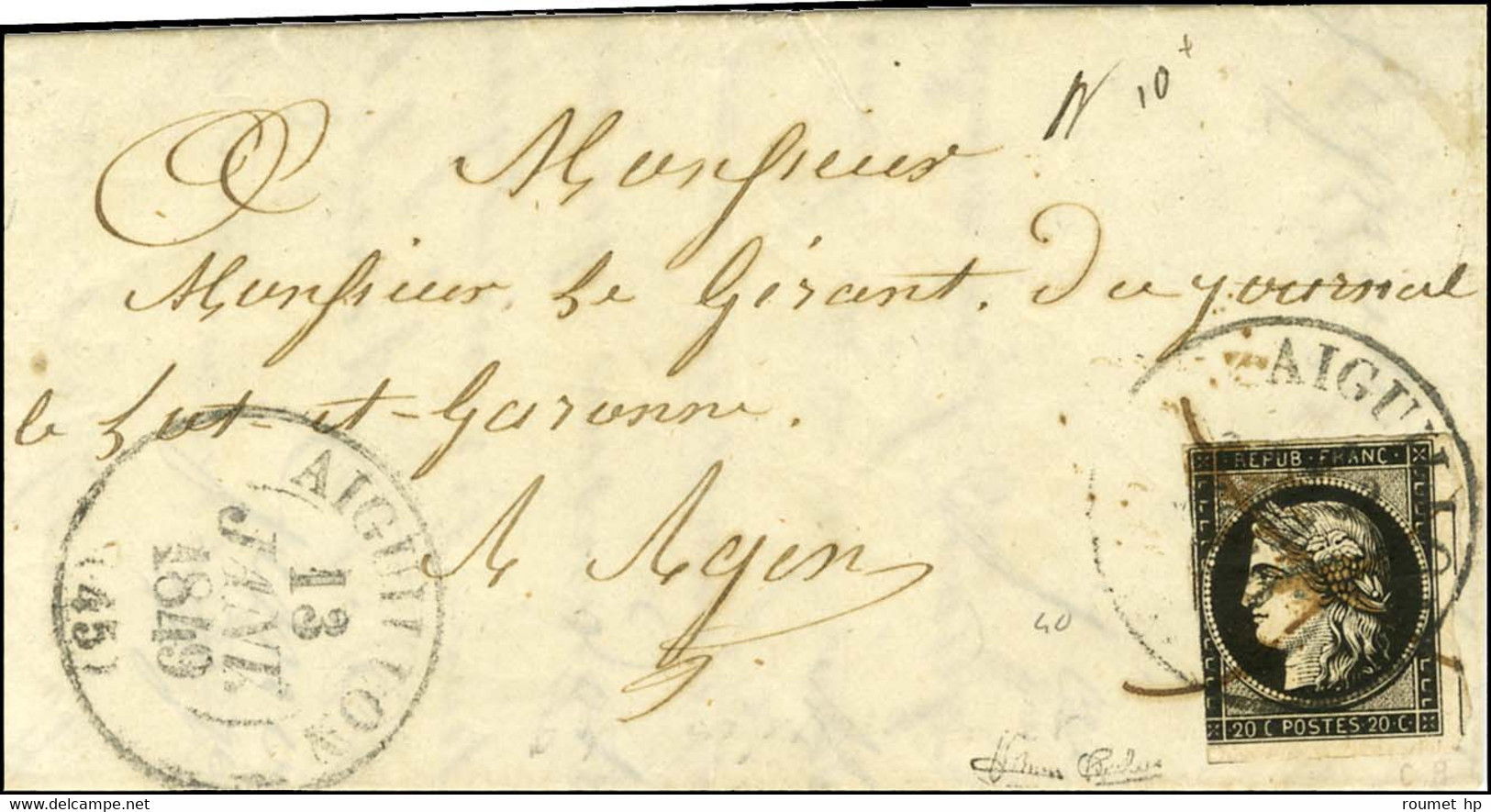 Plume + Càd T 13 AIGUILLON (45) 13 JANV. 1849 / N° 3 (leg Def) Sur Lettre Pour Agen. - TB / SUP. - R. - 1849-1850 Ceres