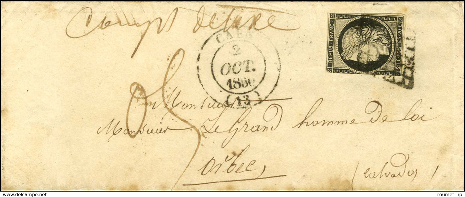 Grille / N° 3 (def) Càd T 14 CAEN (13) 2 OCT. 1850 Sur Lettre Insuffisamment Affranchie Taxée 0,5 Et Rare Mention Manusc - 1849-1850 Ceres