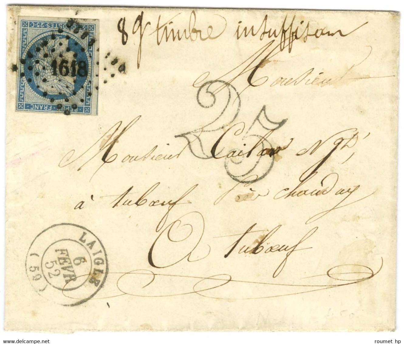 PC 1618 / N° 4 Càd T 15 LAIGLE (59) 6 FEVR. 52 Sur Lettre Insuffisamment Affranchie Taxée 25DT Et Mention '' 8g ''. - TB - 1849-1850 Ceres