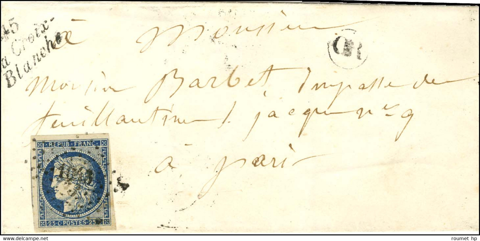 PC 1043 / N° 4 Belle Marge Cursive 45 / La Croix- / Blanche Sur Lettre Pour Paris. 1852. Rarissime Cursive Non Signalée  - 1849-1850 Ceres