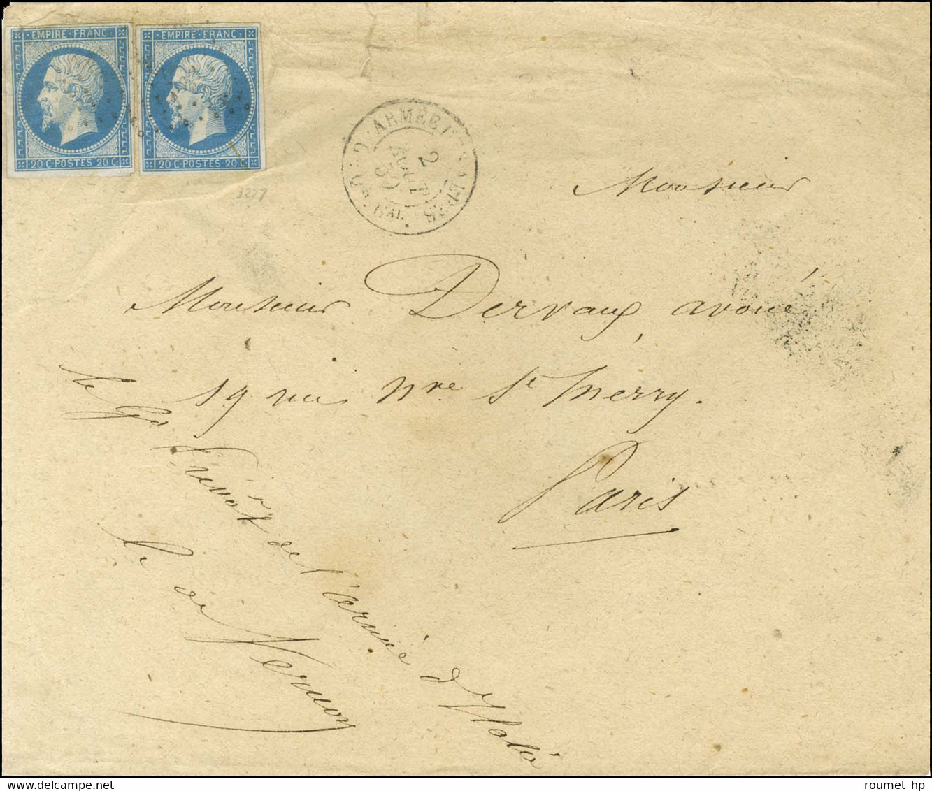 Losange AAQG / N° 14 (2) Càd ARMÉE DES ALPES / Gd.Qr.Gal. 2 AOUT 59 Sur Lettre 2 Ports Pour Paris, Au Recto Contreseing  - 1853-1860 Napoléon III.