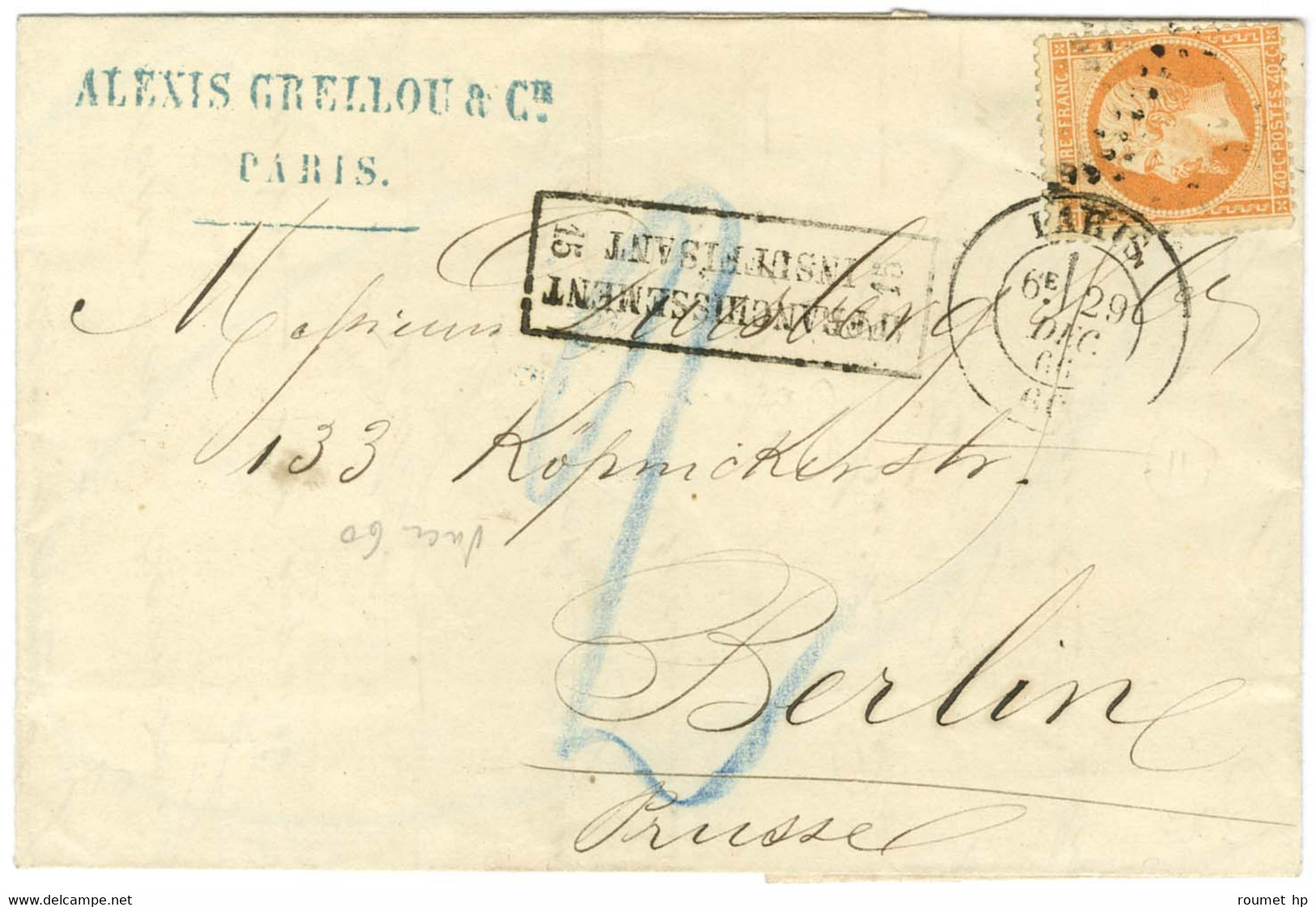 Etoile / N° 23 Càd PARIS 60 Sur Lettre Insuffisamment Affranchie Pour Berlin. Au Recto, Griffe AFFRANCHISSEMENT 15 INSUF - 1862 Napoléon III.