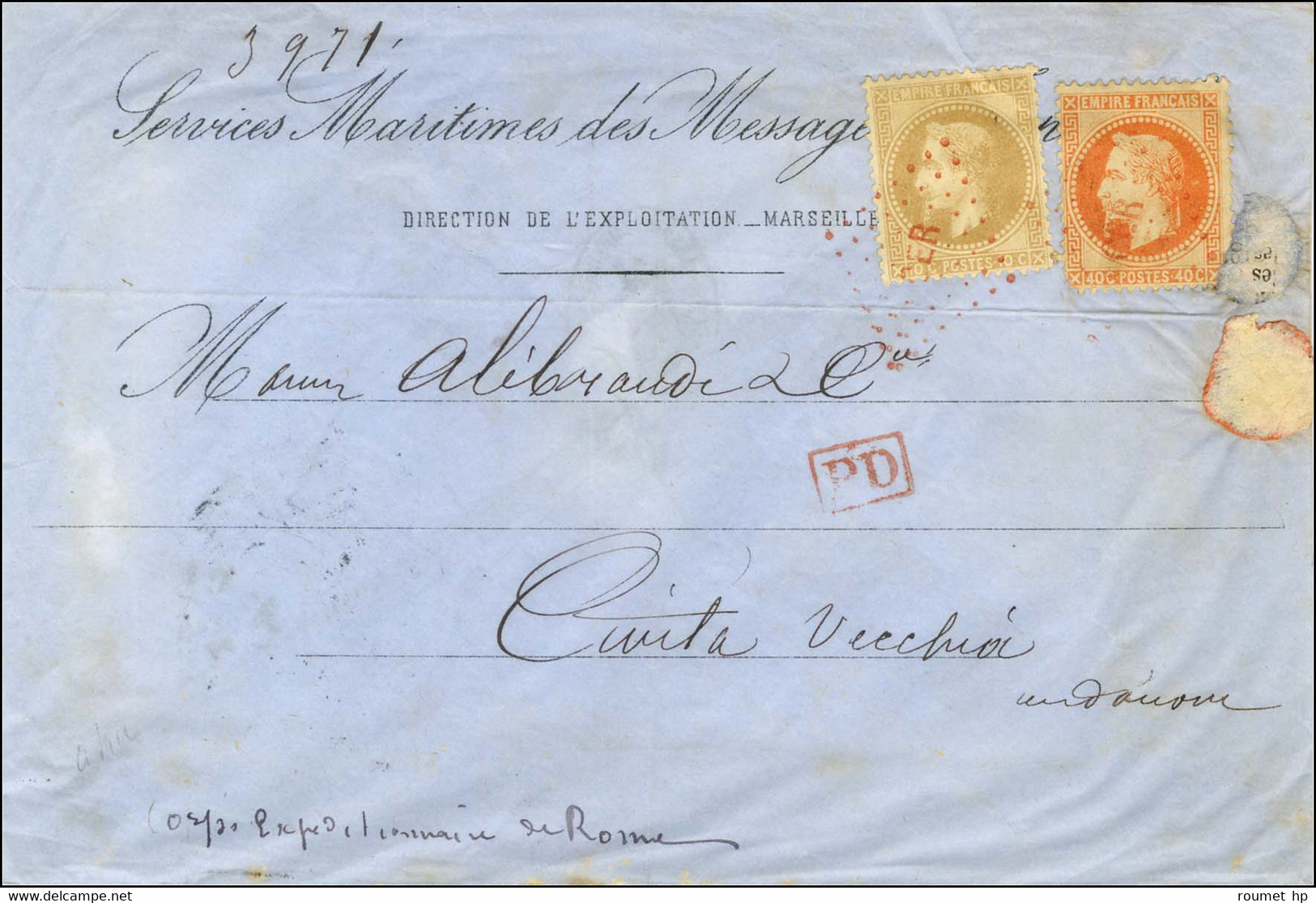 Enveloppe à En-tête Services Maritimes Des Messageries Impériales Adressée Au Corps Expéditionnaire De Rome à Civitavecc - 1863-1870 Napoléon III. Laure