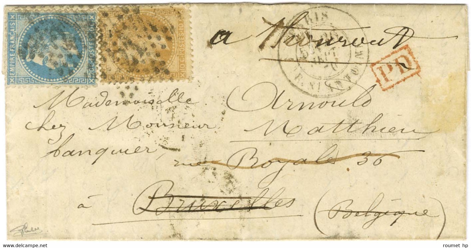 Etoile 21 / N° 28 + N° 29 Càd PARIS / R. ST ANTOINE 26 SEPT. 70 Sur Lettre Pour Bruxelles Réexpédiée à Thourout, Au Vers - Krieg 1870