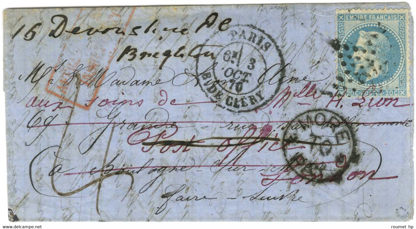 Etoile 24 / N° 29 Càd PARIS / R. DE CLERY 3 OCT. 70 Sur Lettre Pour Boulogne Sur Mer Réexpédiée à Londres, Au Recto Grif - War 1870