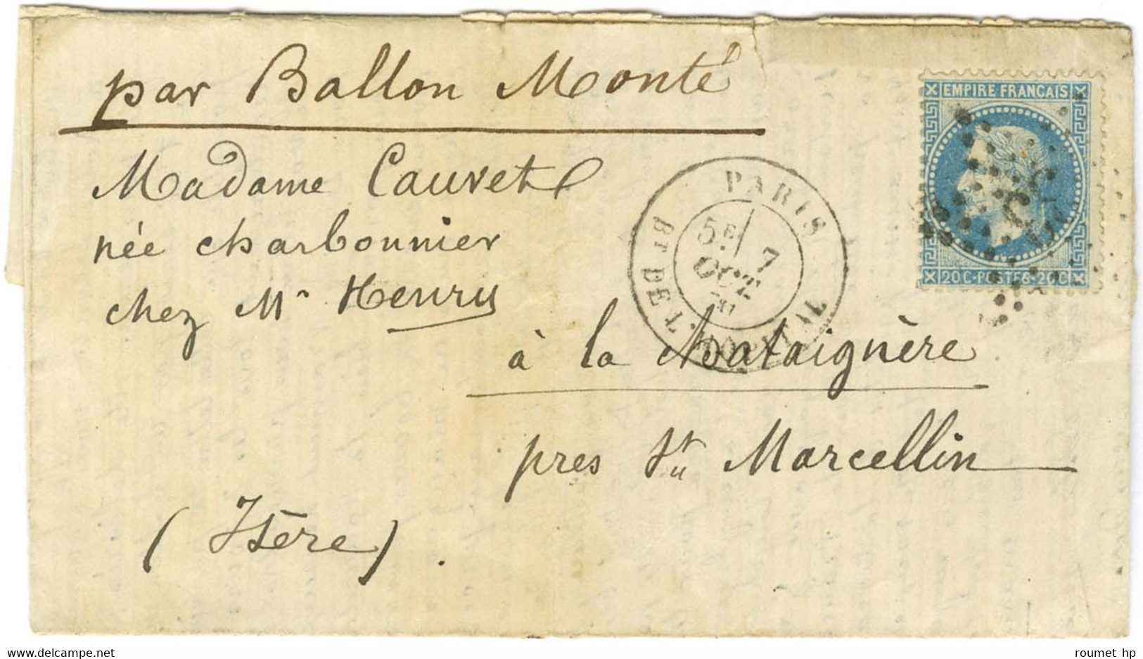 Etoile 33 / N° 29 Càd PARIS / BT DE L'HOPITAL 7 OCT. 70 Sur Lettre Pour La Chataignère Près St Marcellin, Au Verso Càd D - Guerra De 1870