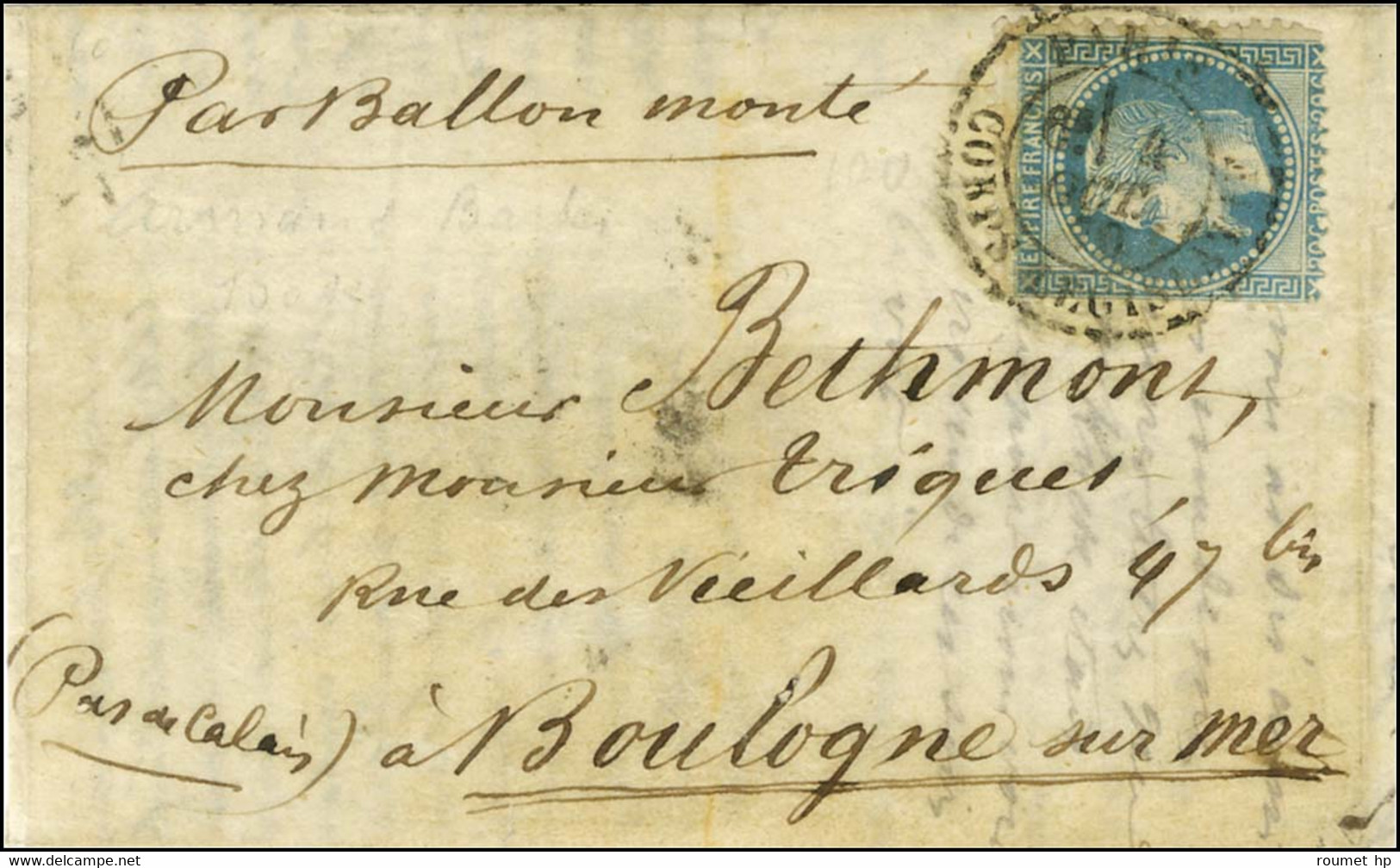 Càd PARIS / CORPS LEGISLATIF 4 OCT. 70 / N° 29 Sur Lettre Pour Boulogne Sur Mer, Au Verso Rare Càd De Passage PARIS A CA - Guerra De 1870