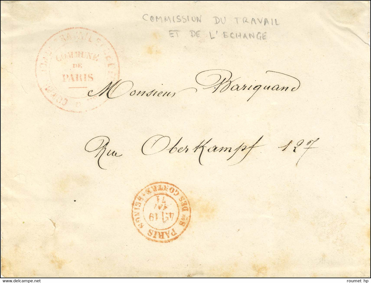 Càd Rouge COMMISSION DU TRAVAIL ET DE L'ECHANGE / COMMUNE / DE / PARIS Sur Lettre Adressée Localement En Franchise. Au R - Guerra De 1870