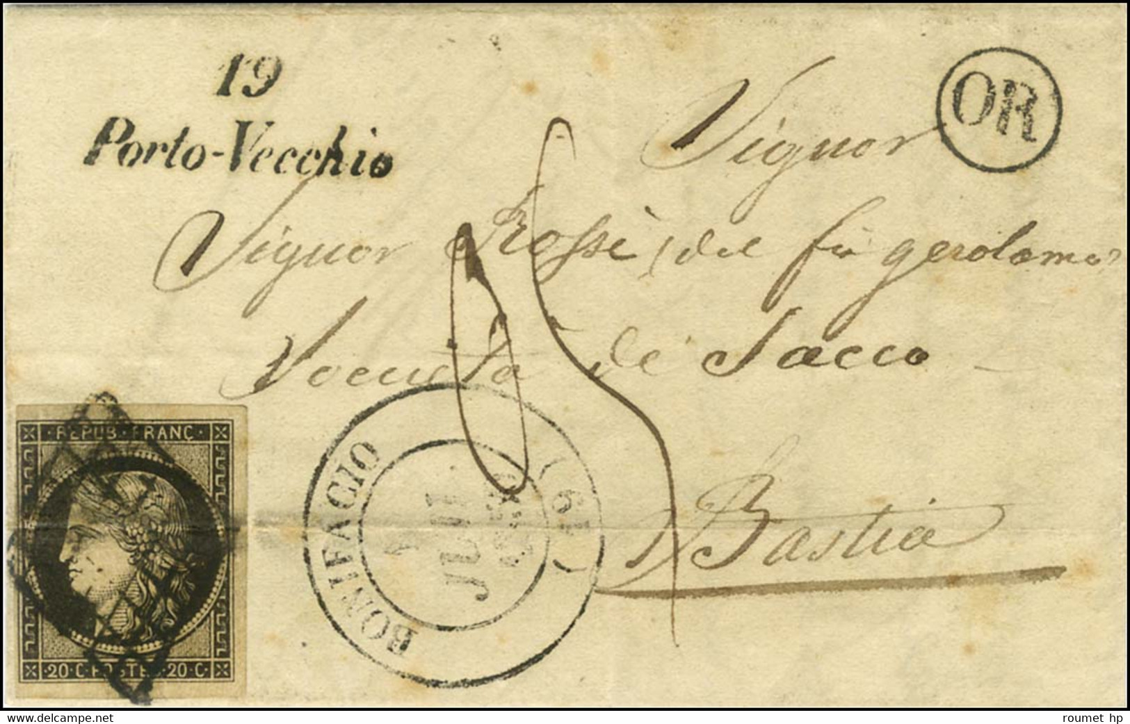 Grille / N° 3 (pli) Càd T 14 BONIFACIO (19) 1 JUIL. 1850, Cursive 19 / Porto-Vecchio, Taxe Manuscrite 0,5 Et OR Sur Lett - Autres & Non Classés