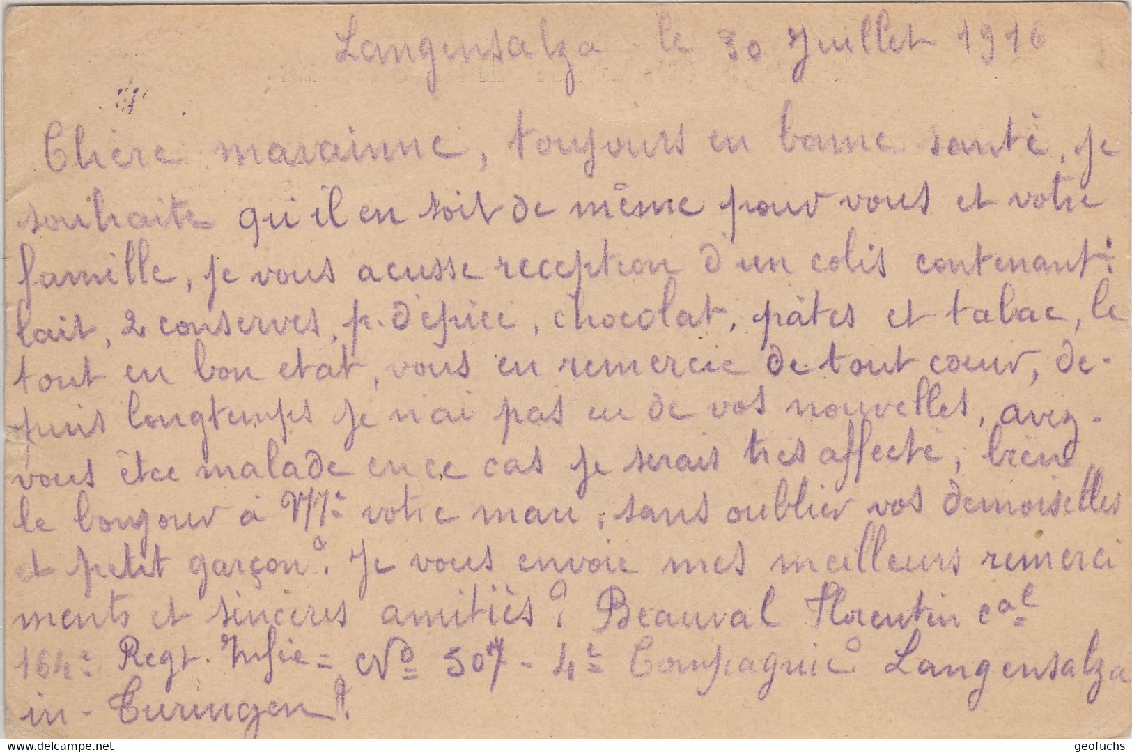 Carte Allemande En Franchise Pour Prisonnier Français, Camp LANGENSALZA(Thuringe) Accusé Réception Colis, écrite 30.7.16 - WW I