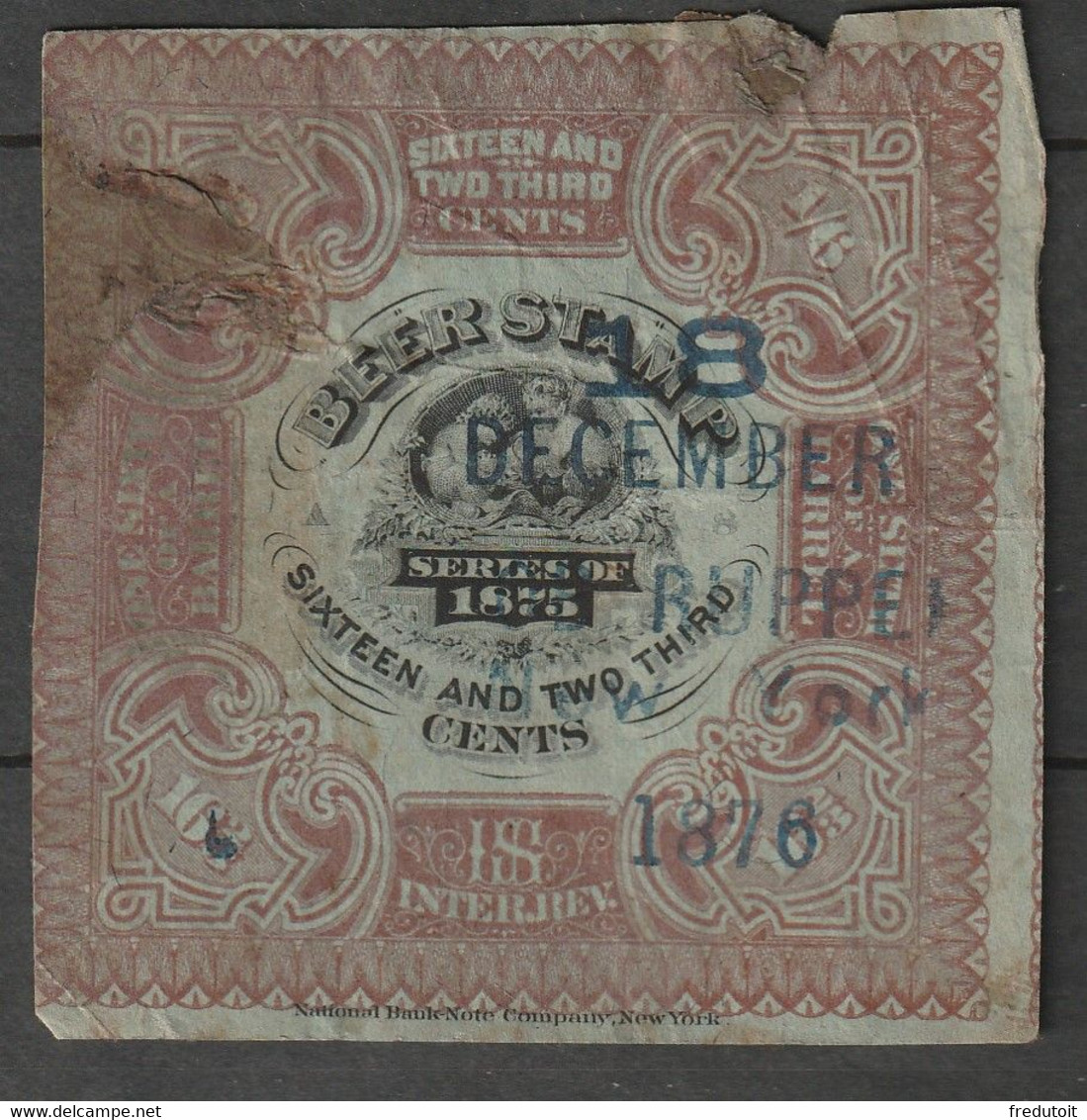 FISCAUX - BEER  Stamp Revenue (série : 1875) Sixteen And Two Third Cents - Revenues