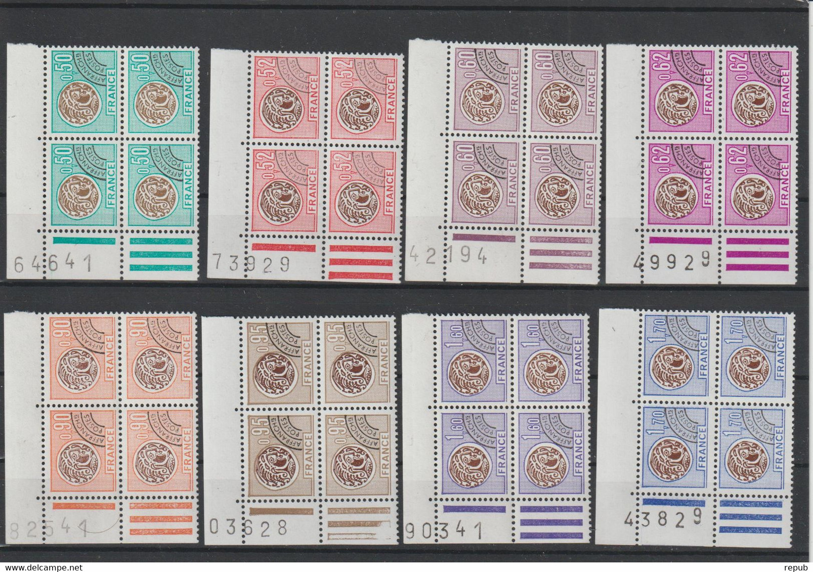 France 1976 Monnaies Gauloises Préo 138-145 En Bloc De 4 Numéroté ** MNH - 1964-1988