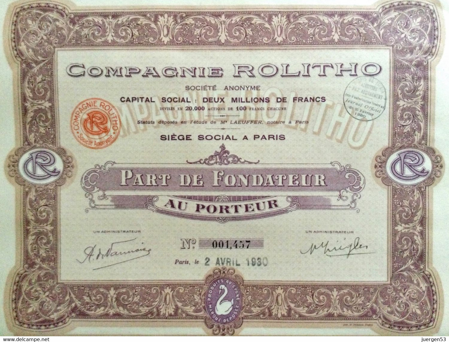 Compagnie ROLITHO S. A., Part De Fondateur - Other & Unclassified