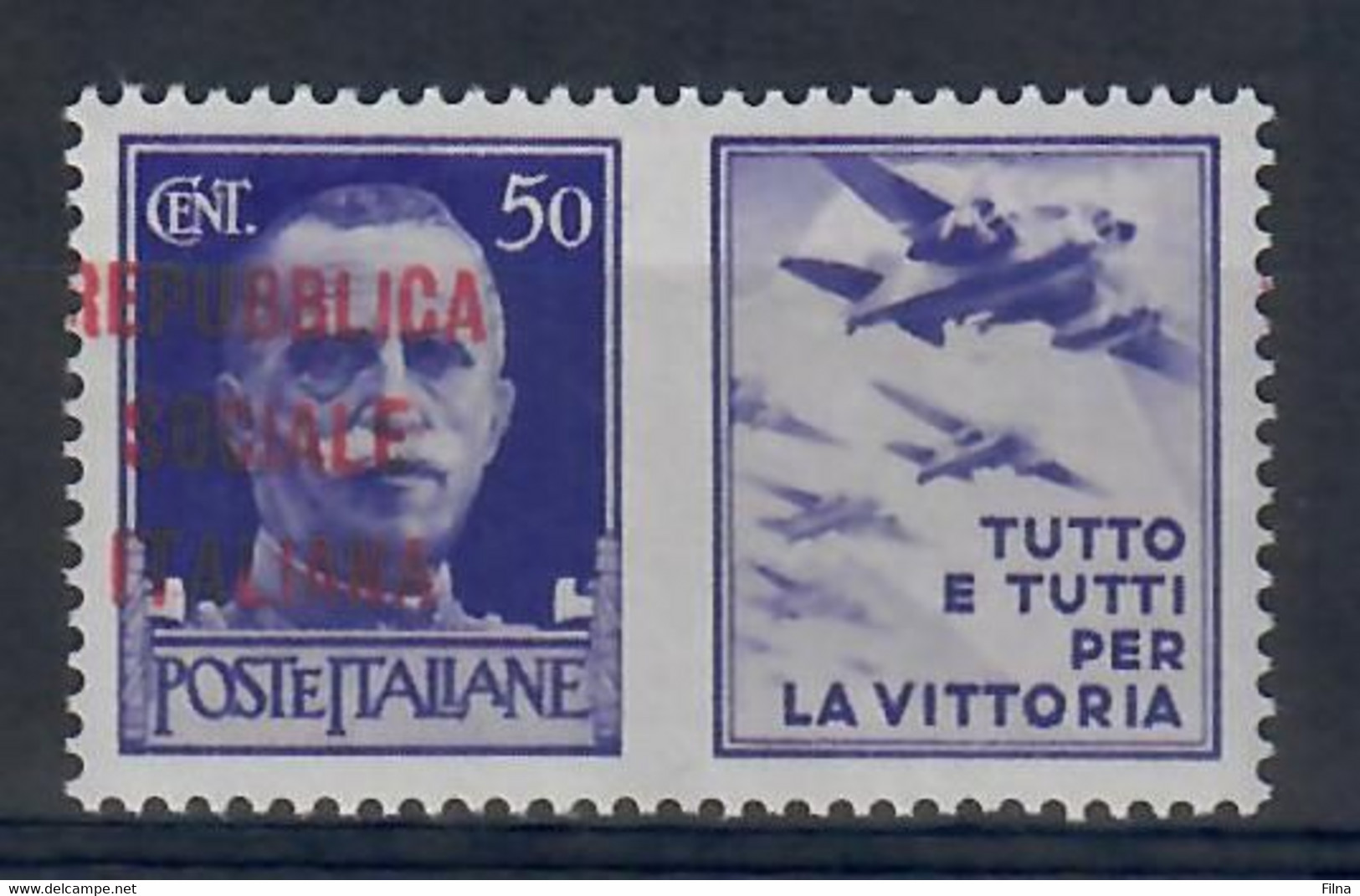 ITALIA - REPUBBLICA SOCIALE ITALIANA 1944 - PROPAGANDA DI GUERRA - 50 C. - VARIETA' SOPRASTAMPA SPOSTATA A SX  - MNH/** - Oorlogspropaganda