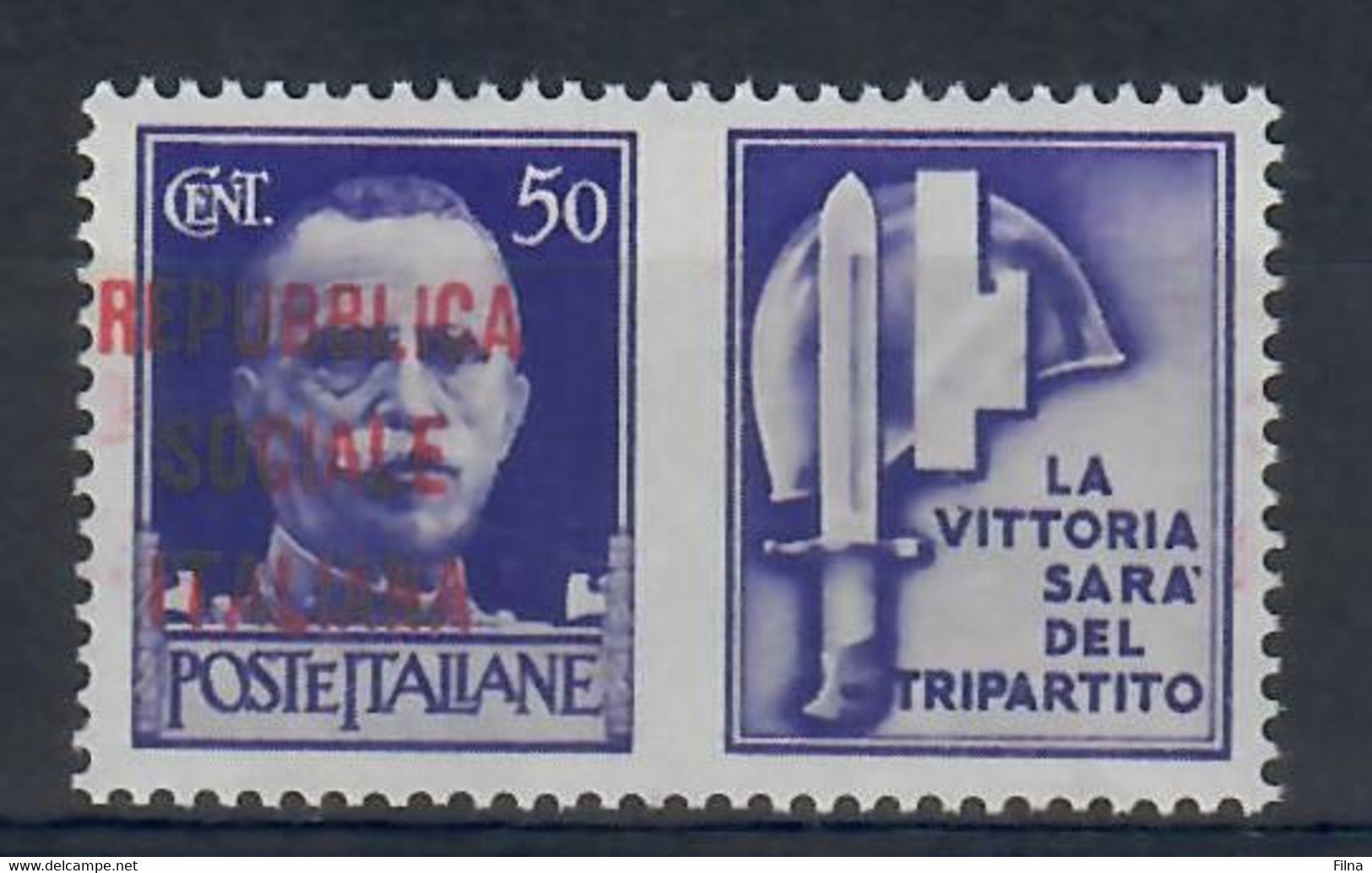 ITALIA - REPUBBLICA SOCIALE ITALIANA 1944 - PROPAGANDA DI GUERRA - 50 C. - VARIETA' SOPRASTAMPA SPOSTATA A SX  - MNH/** - War Propaganda