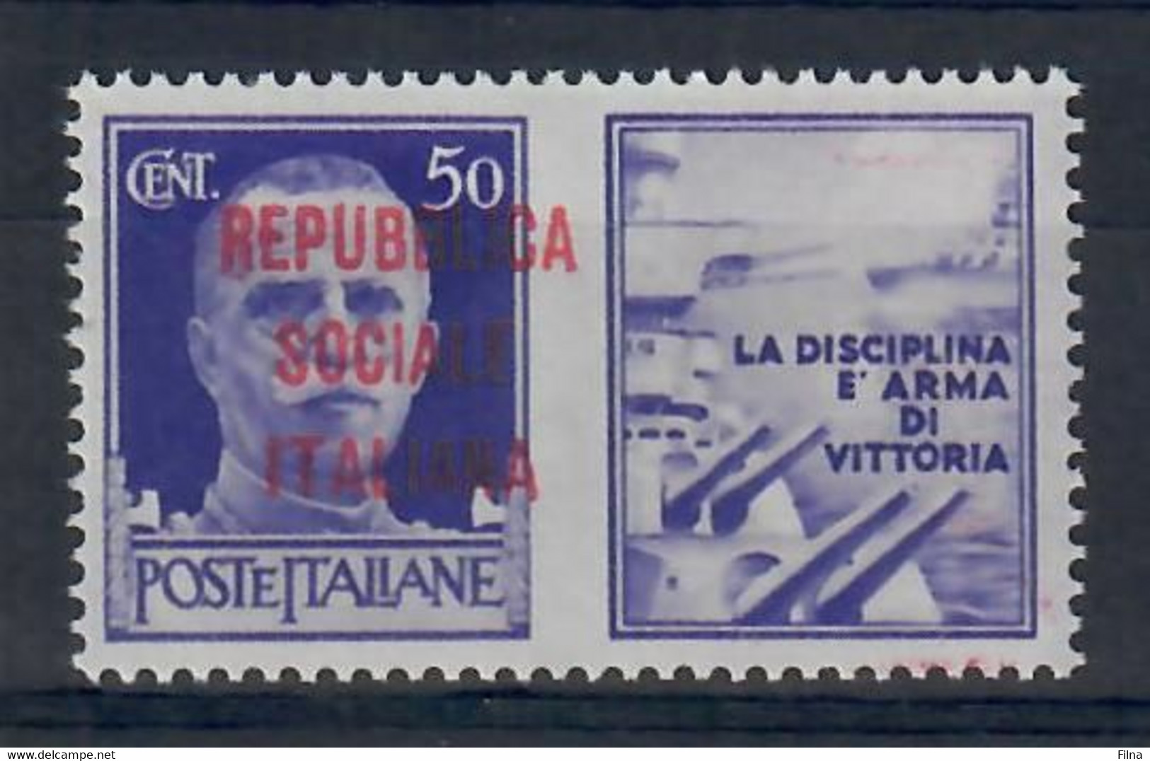 ITALIA - REPUBBLICA SOCIALE ITALIANA 1944 - PROPAGANDA DI GUERRA - 50 C. - VARIETA' SOPRASTAMPA SPOSTATA A DX  - MNH/** - Propaganda Di Guerra