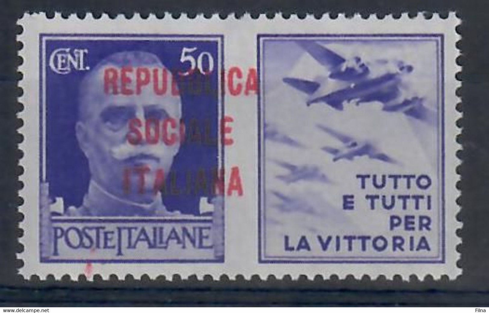 ITALIA - REPUBBLICA SOCIALE ITALIANA 1944 - PROPAGANDA DI GUERRA - 50 C. - VARIETA' SOPRASTAMPA SPOSTATA A DX  - MNH/** - War Propaganda