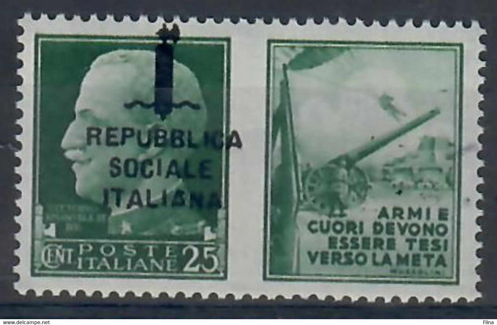 ITALIA - REPUBBLICA SOCIALE ITALIANA 1944 - PROPAGANDA DI GUERRA - 25 C. - VARIETA' SOPRASTAMPA SPOSTATA  - MNH/** - Oorlogspropaganda