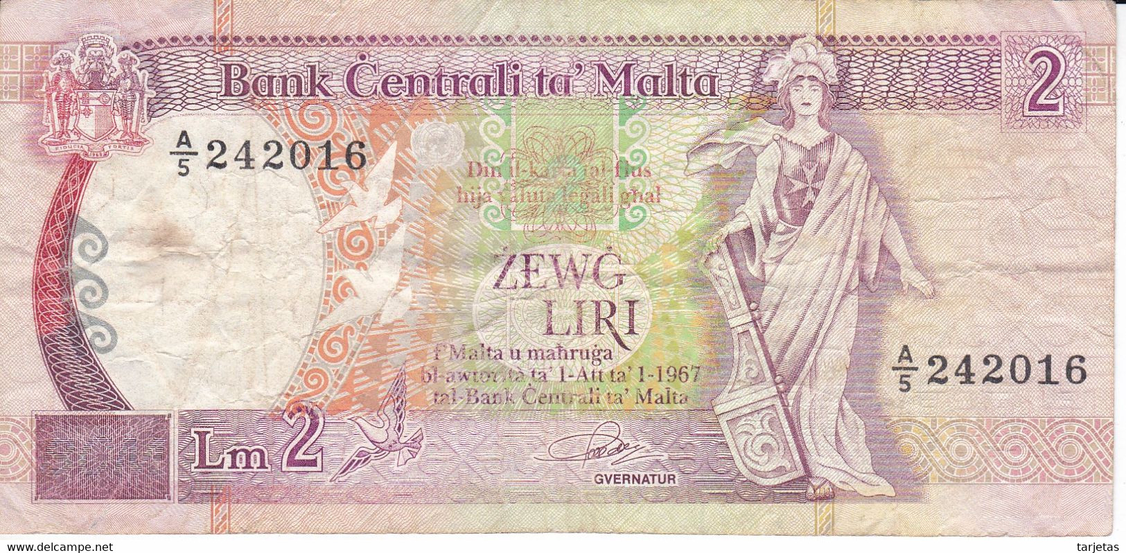 BILLETE DE MALTA DE 2 LIRAS DEL AÑO 1994  (BANKNOTE) - Malta